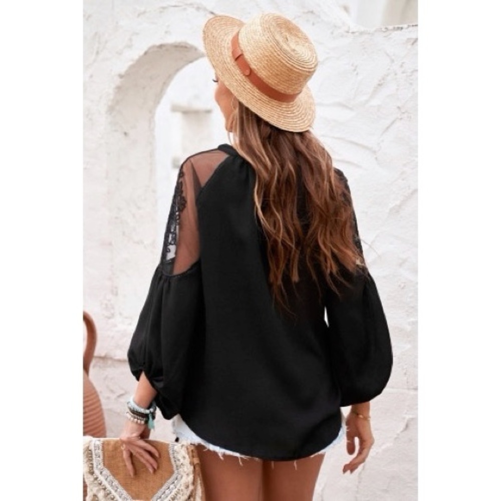 Boho Chic Black Lace Long Sleeve Blouse - Picture 4 of 8